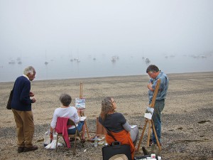 Ashley Bryan (left) and Henry Isaacs (right) provide guidance to two workshop participants on a foggy morning.