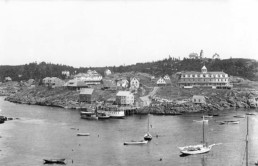 black and white photo of view of Monhegan from Manana