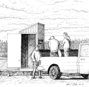 illustration of men standing in the back of a pickup truck