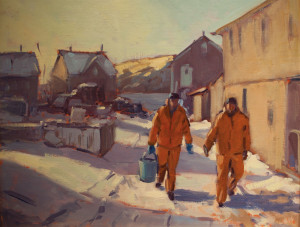 painting of men in orange walking through snow