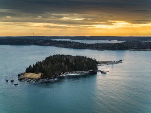 Widow's Island at sunset, shot from above