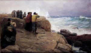 painting of people standing on rocks looking out at the sea