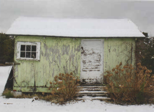 old shack with stripped lime green paint