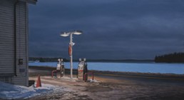 oil painting of gas station at night