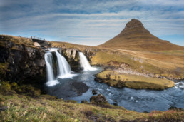 waterfalls and pointy mountain in Iceland