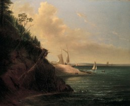 old cracked oil painting coastal scene