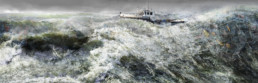 mixed media image of fishing boat in rough ocean